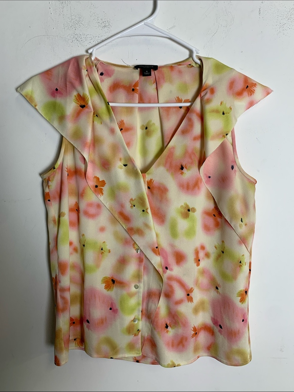 Ann Taylor Floral Print Ruffle V-Neck Sleeveless Top in Pink, Green, Cream